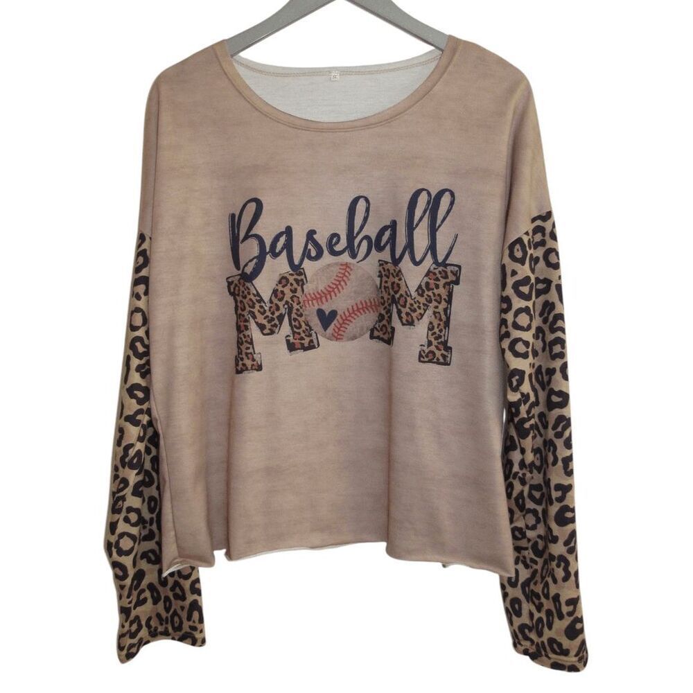 New Baseball Mom Leopard Long Sleeve Oversized Fit Top‎ Sz S